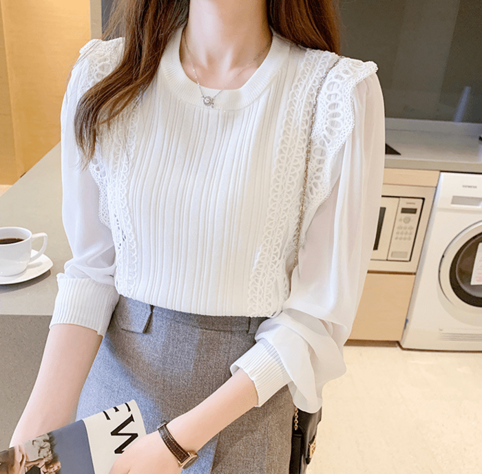 骨格ウェーブ シアー袖 ドッキングニットトップス