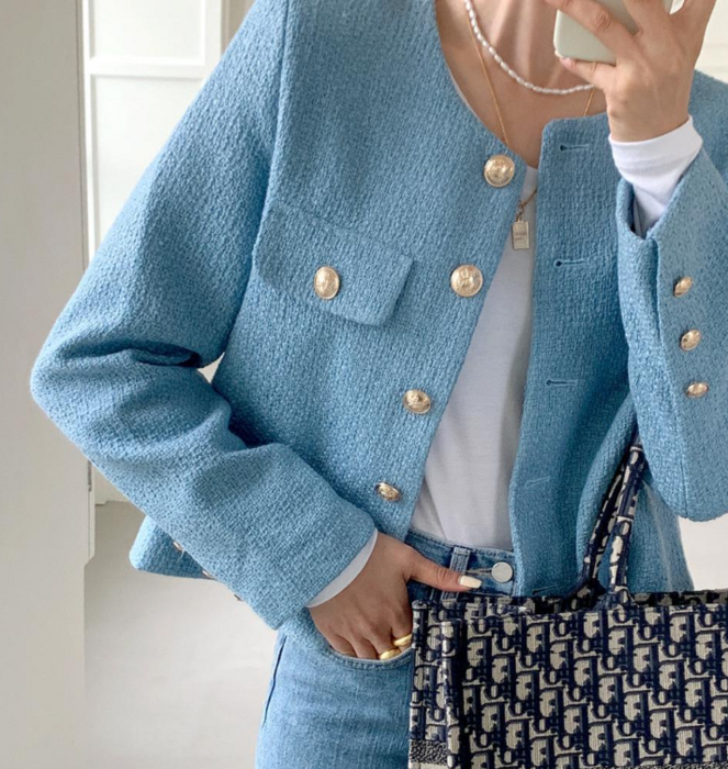 骨格ウェーブ 脚長見えショート丈 ノーカラーツイードジャケット