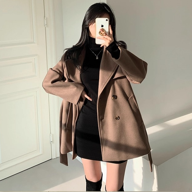 骨格ウェーブ 韓国シック ミドル丈コート ウエストシェイプ エレガント