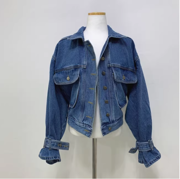 骨格ウェーブ 韓国シック 万能デニムジャケット ウォッシュブルー ショート丈 ゆったり