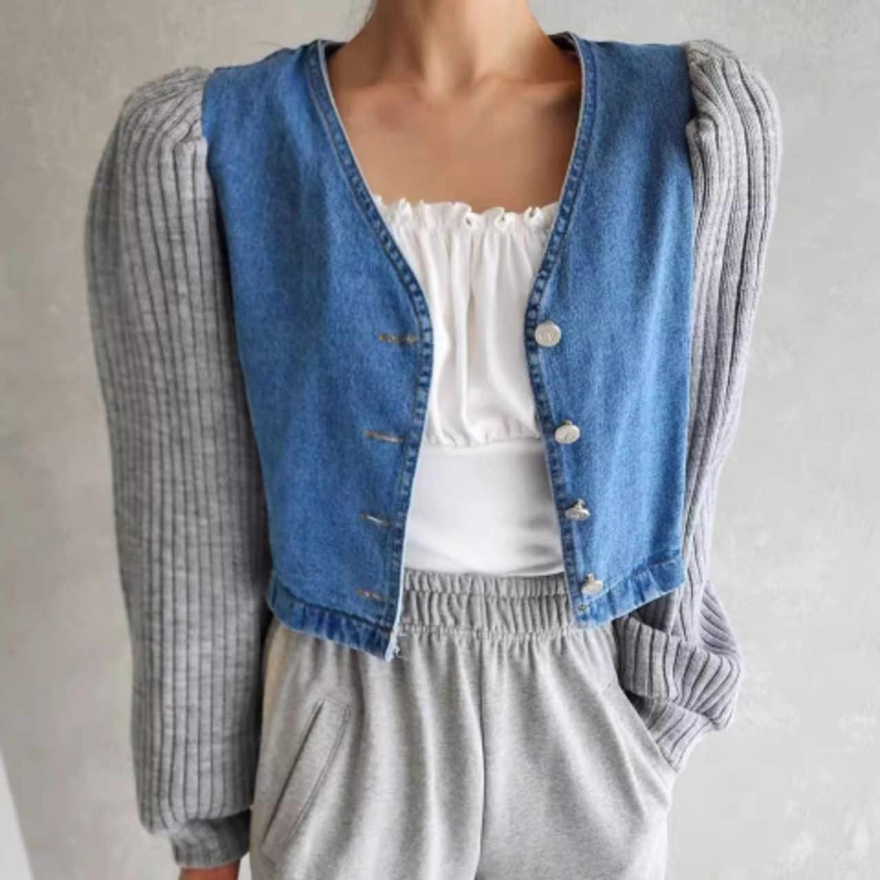 骨格ウェーブ デニムジャケット リブ切り替え Vネック ショート丈