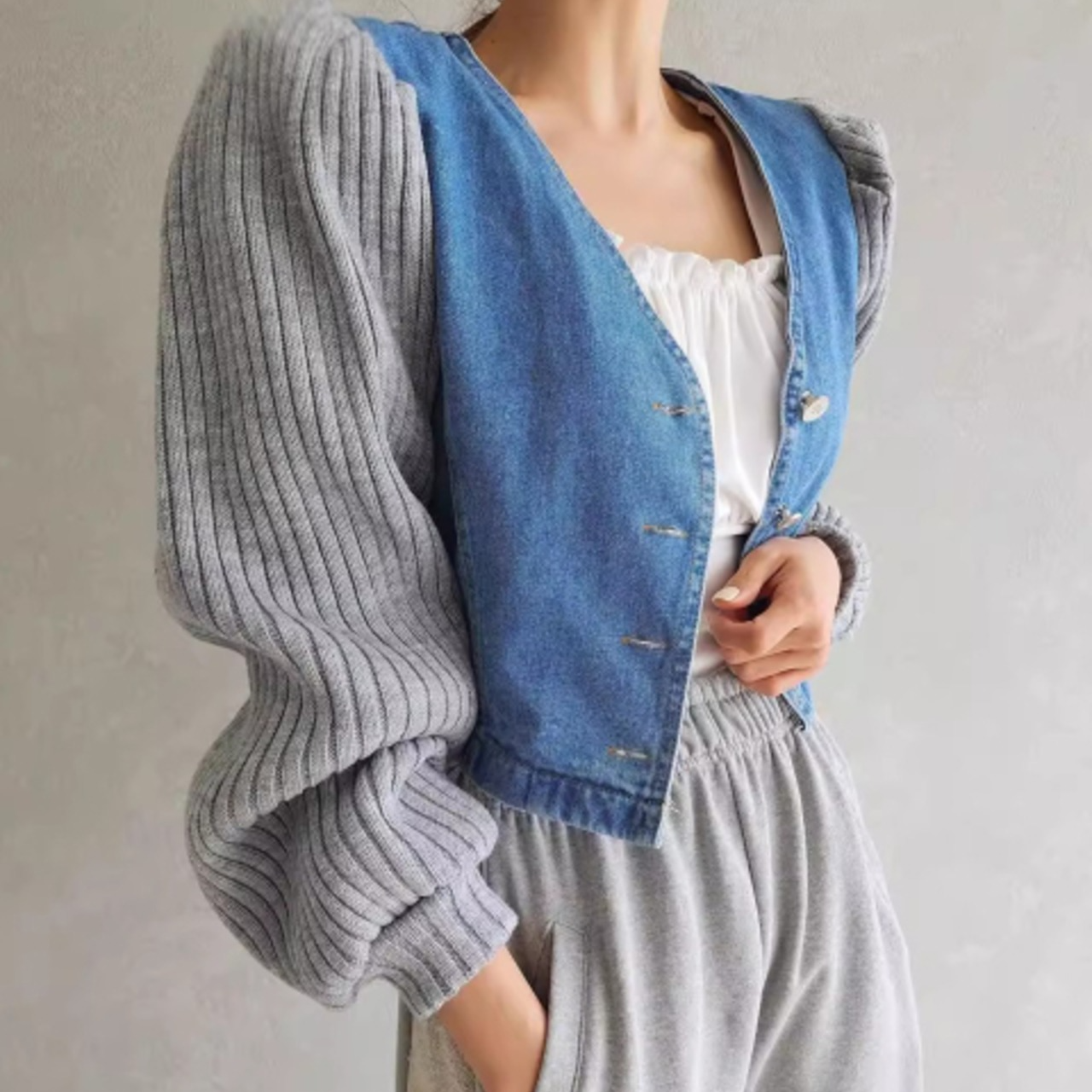 骨格ウェーブ デニムジャケット リブ切り替え Vネック ショート丈