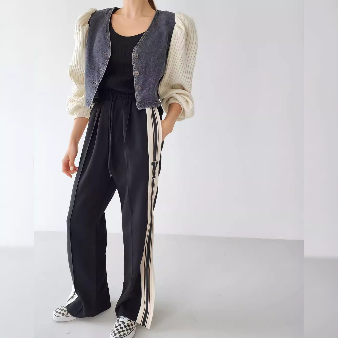 骨格ウェーブ デニムジャケット リブ切り替え Vネック ショート丈