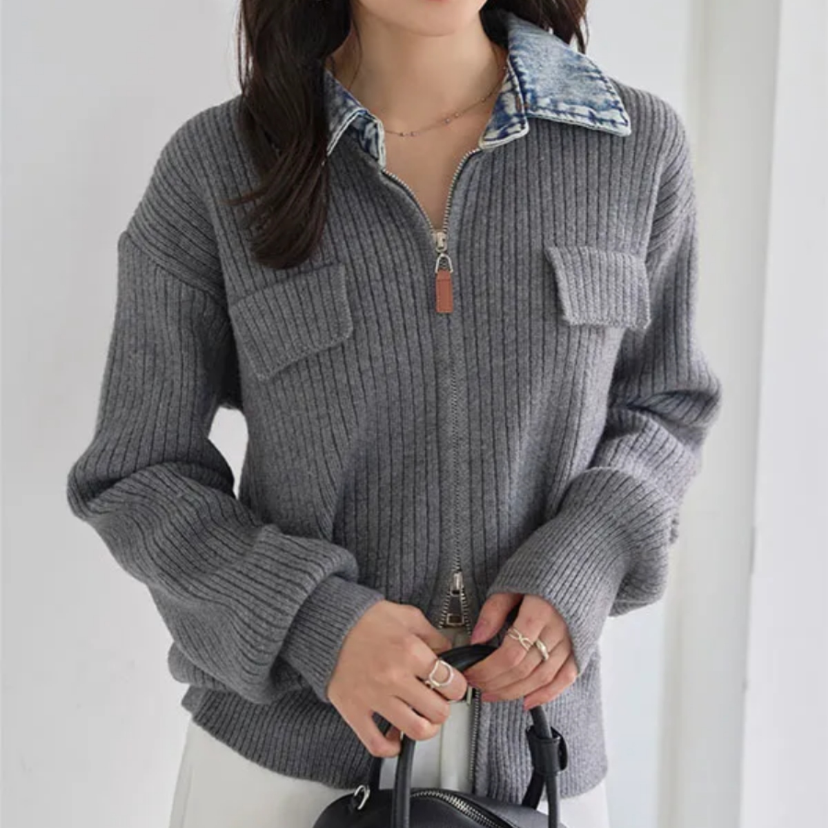 骨格ウェーブ デニム襟 ジップアップ ニットカーディガン