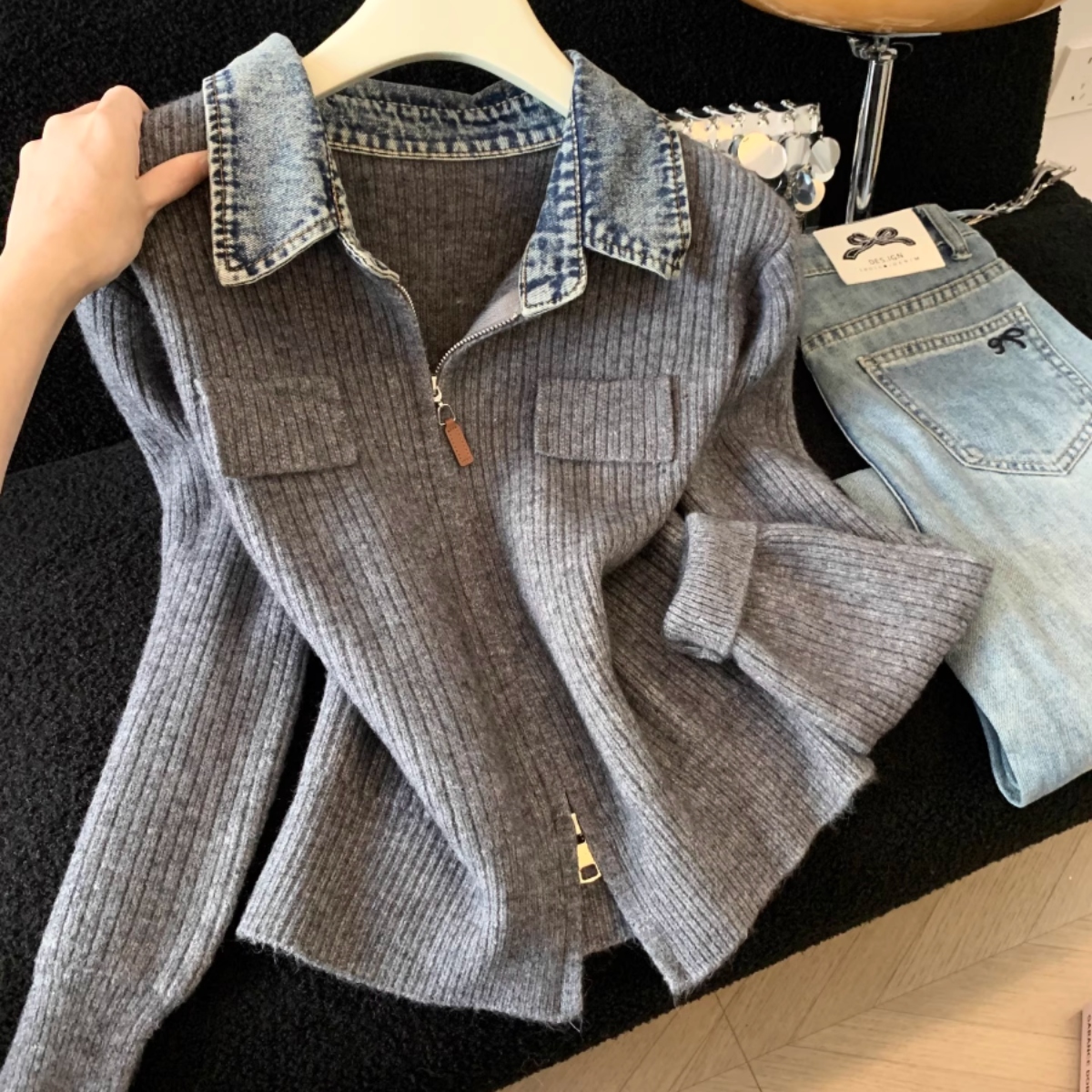 骨格ウェーブ デニム襟 ジップアップ ニットカーディガン