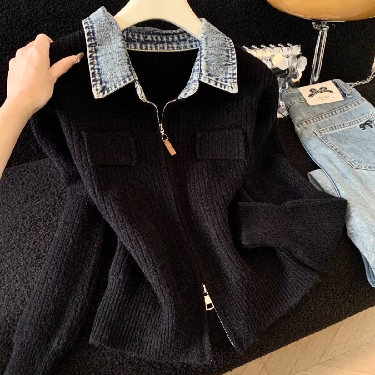 骨格ウェーブ デニム襟 ジップアップ ニットカーディガン