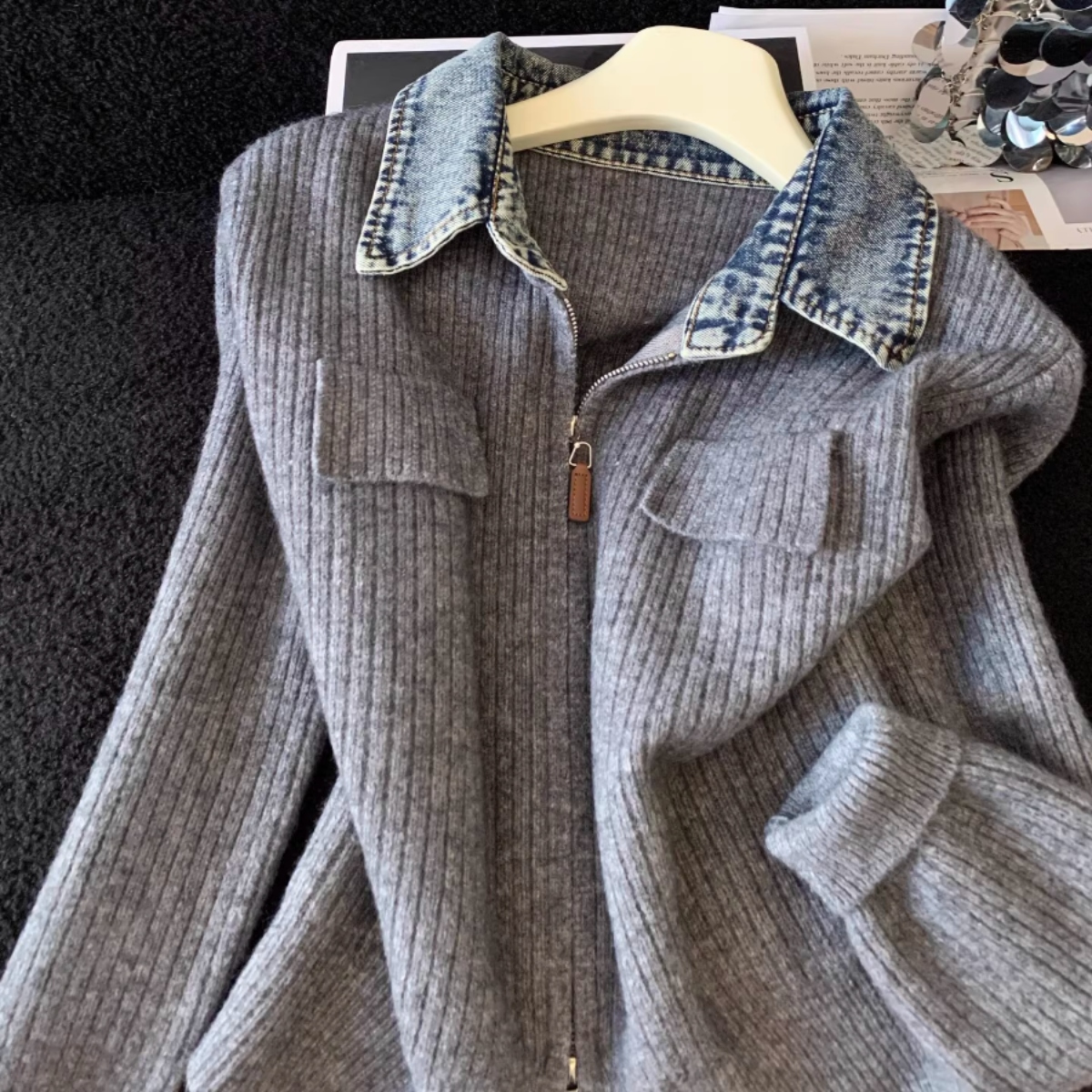 骨格ウェーブ デニム襟 ジップアップ ニットカーディガン