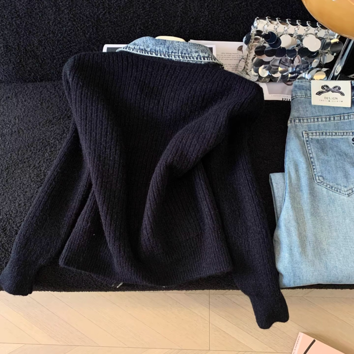 骨格ウェーブ デニム襟 ジップアップ ニットカーディガン