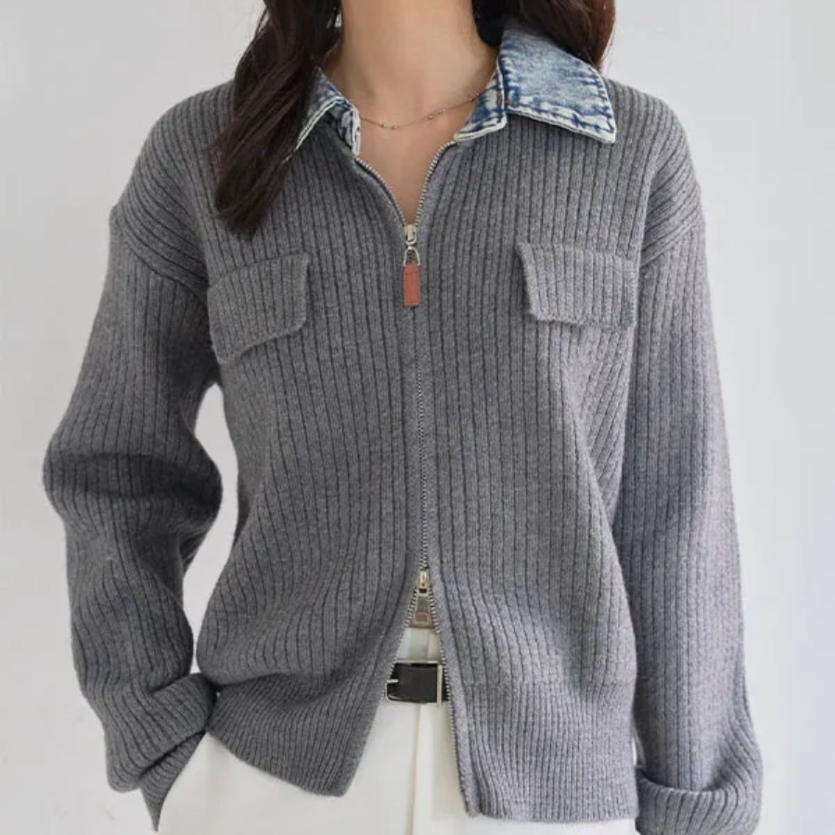 骨格ウェーブ デニム襟 ジップアップ ニットカーディガン