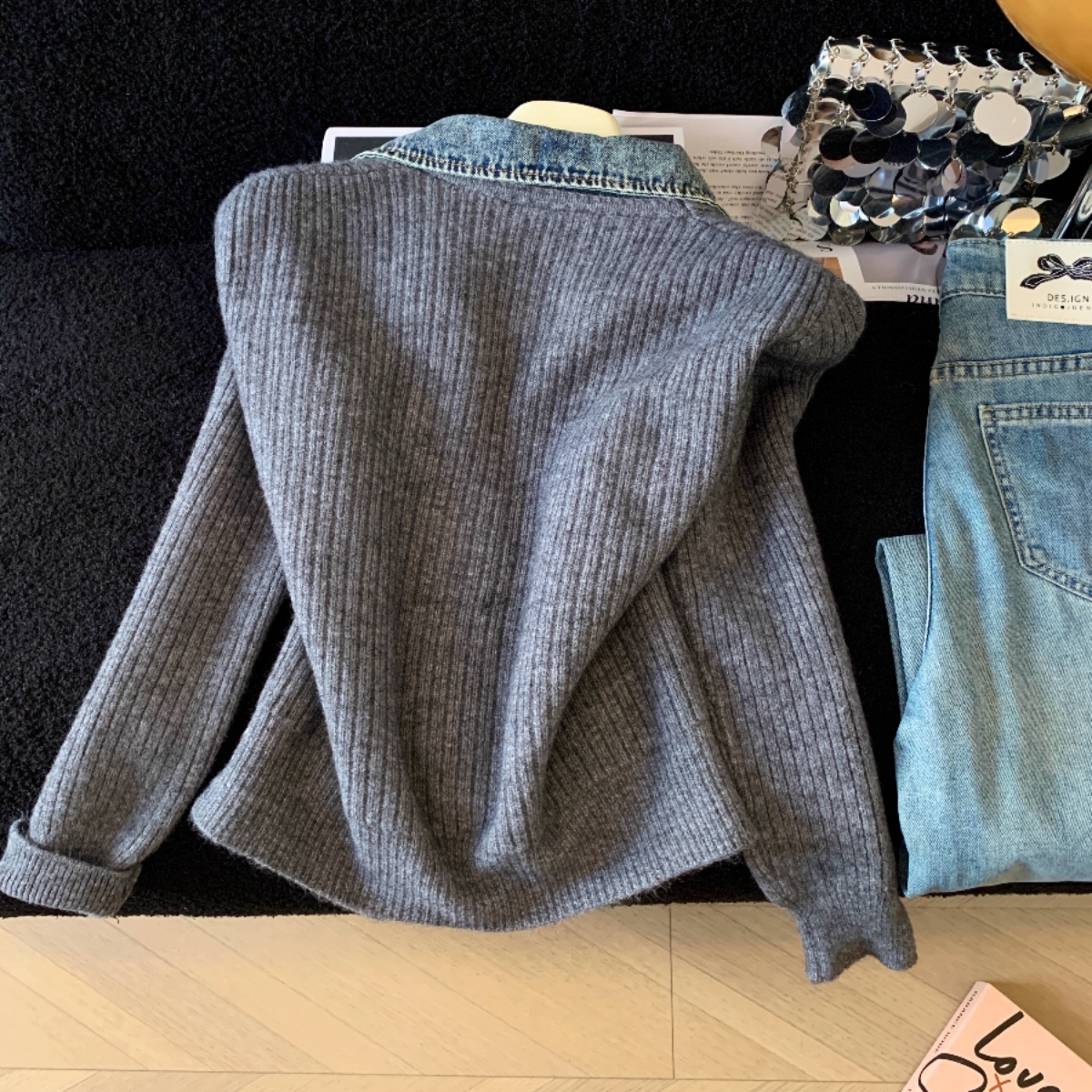 骨格ウェーブ デニム襟 ジップアップ ニットカーディガン