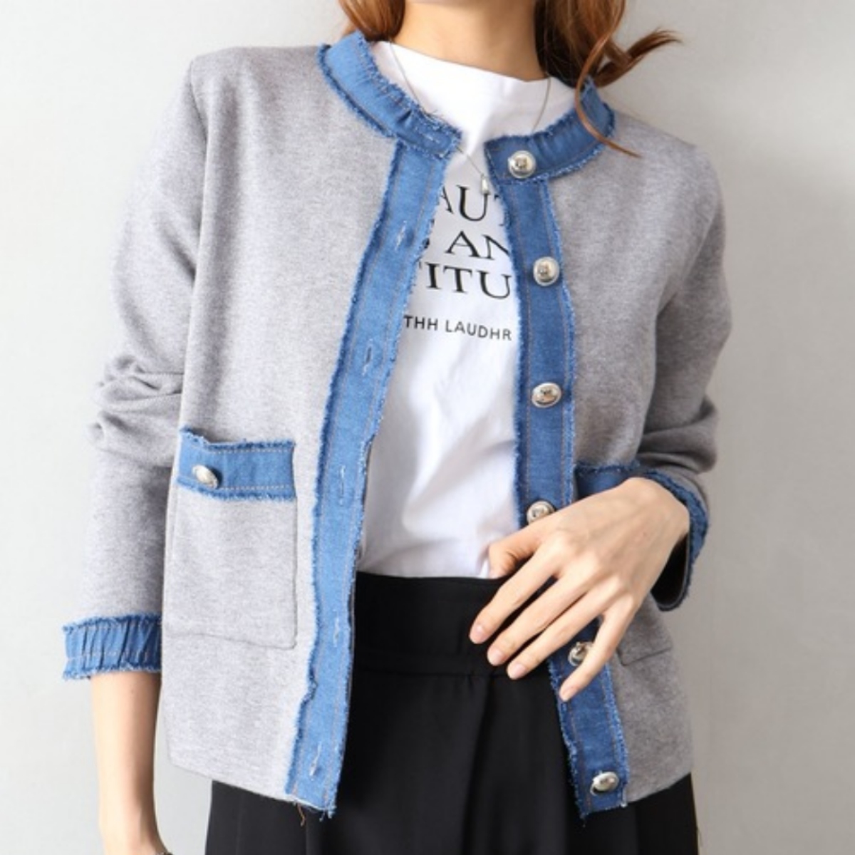 骨格ウェーブ デニム配色 ニットカーディガン