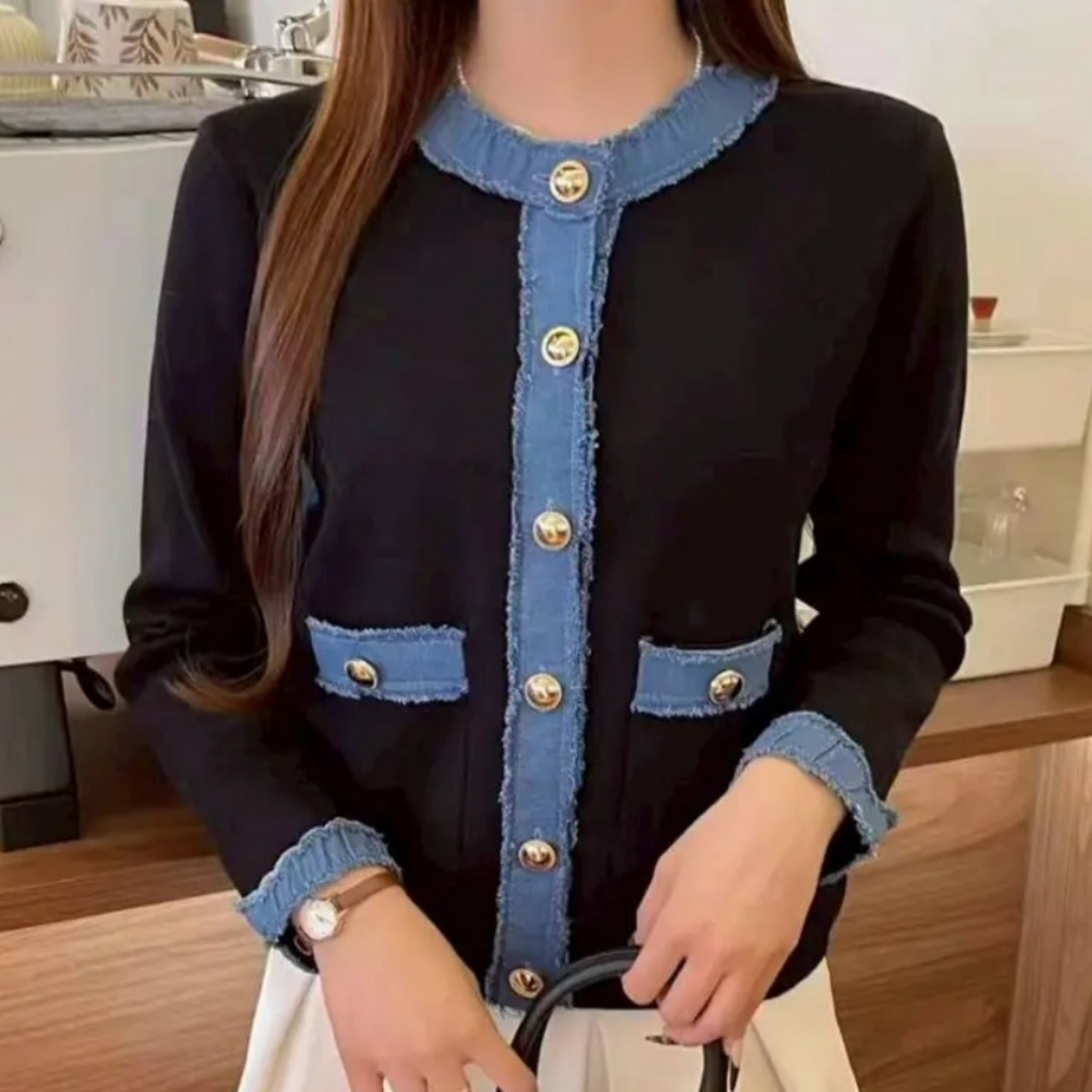 骨格ウェーブ デニム配色 ニットカーディガン