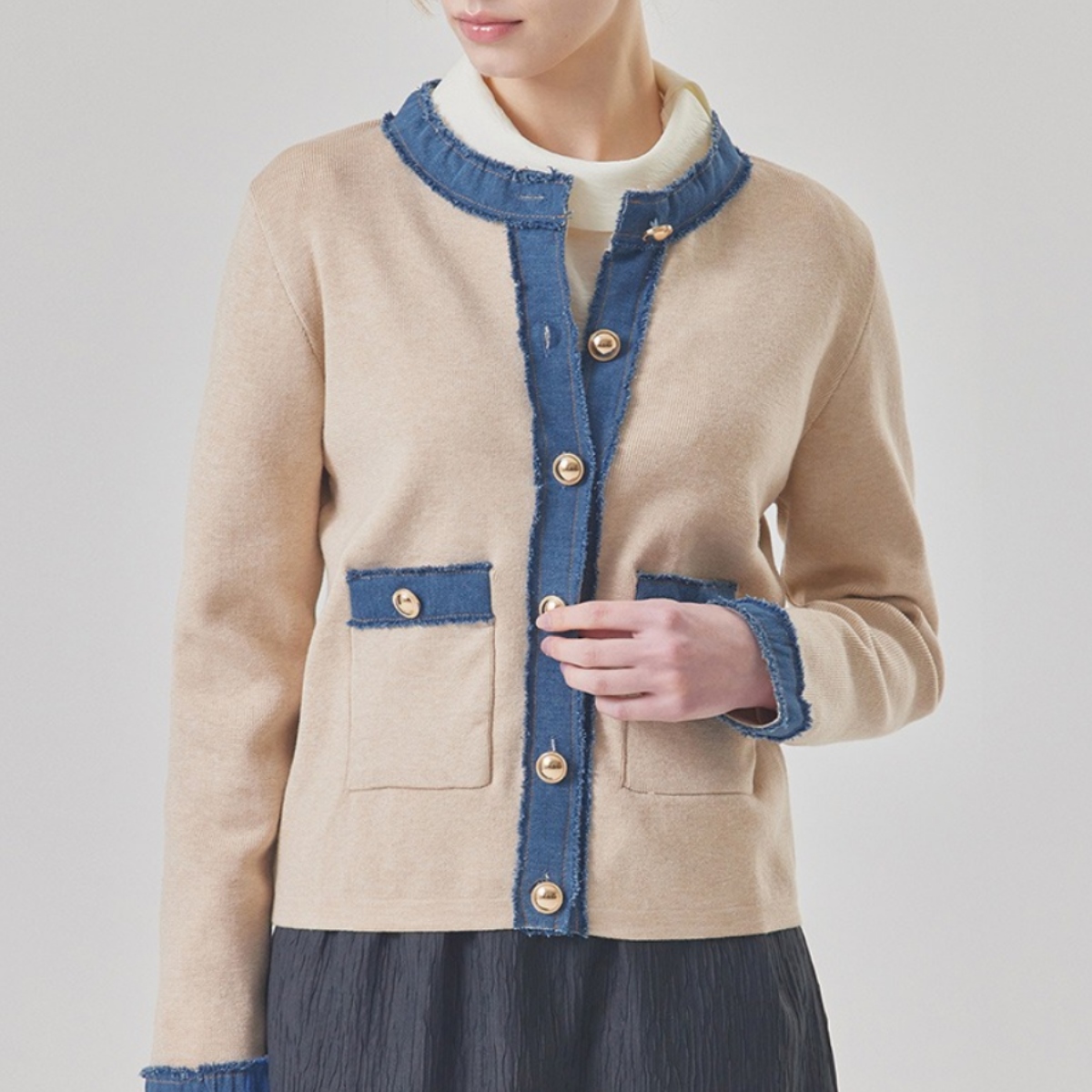 骨格ウェーブ デニム配色 ニットカーディガン