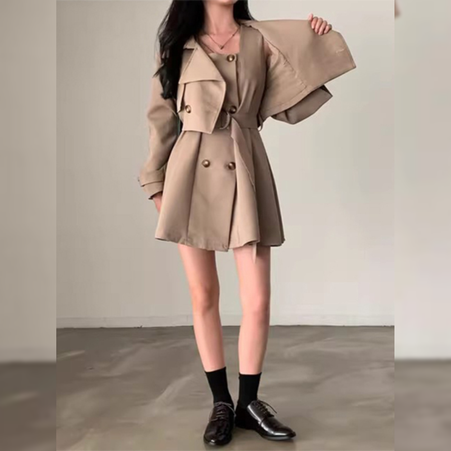 骨格ウェーブ トレンチ風 ノースリーブワンピース+ショート丈ジャケットセット