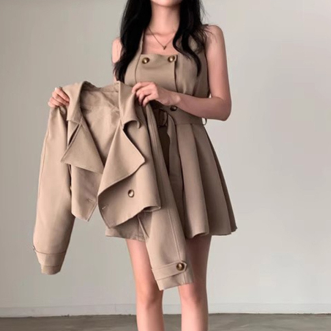 骨格ウェーブ トレンチ風 ノースリーブワンピース+ショート丈ジャケットセット