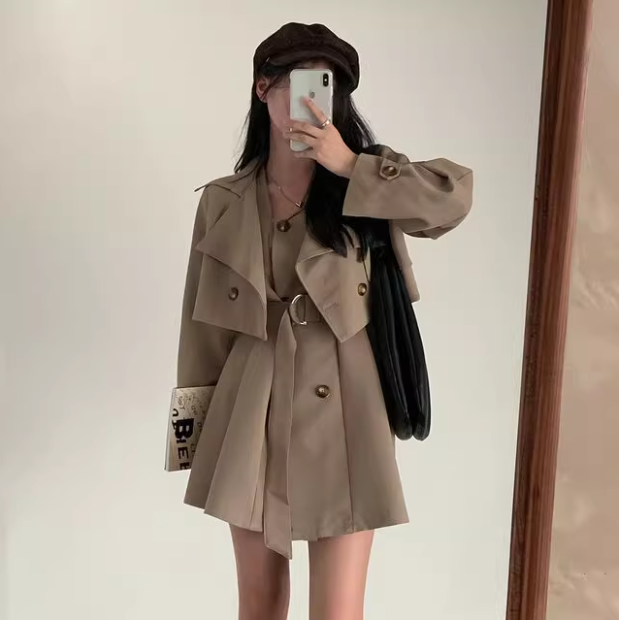 骨格ウェーブ トレンチ風 ノースリーブワンピース＋ショート丈ジャケットセット