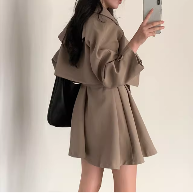 骨格ウェーブ トレンチ風 ノースリーブワンピース＋ショート丈ジャケットセット