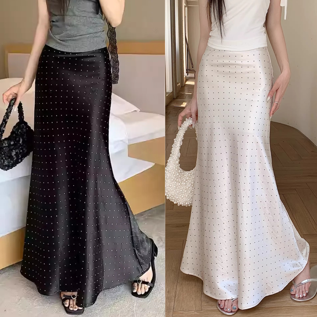 骨格ウェーブ 流れる曲線美 ドットサテン ロングマーメイドスカート
