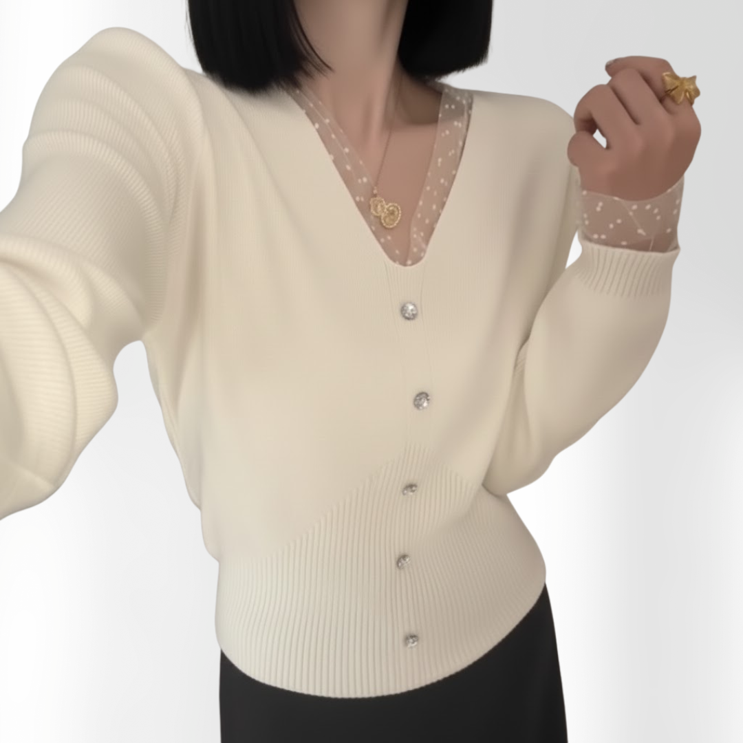 骨格ウェーブ ドットチュール 重ね着風ボタンニット