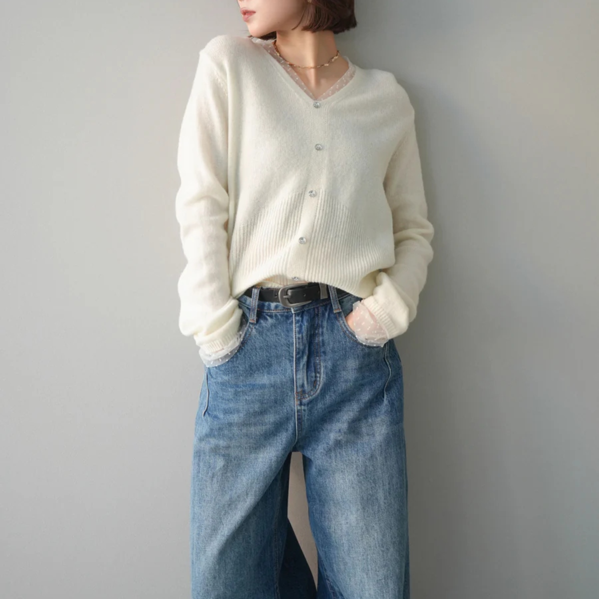 骨格ウェーブ ドットチュール 重ね着風ボタンニット