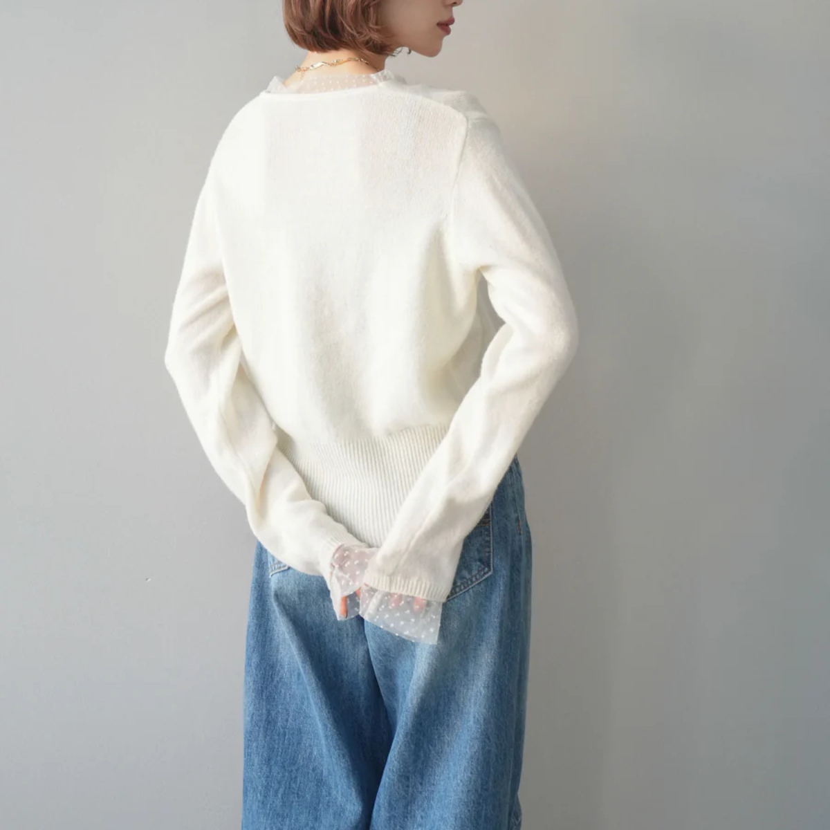 骨格ウェーブ ドットチュール 重ね着風ボタンニット