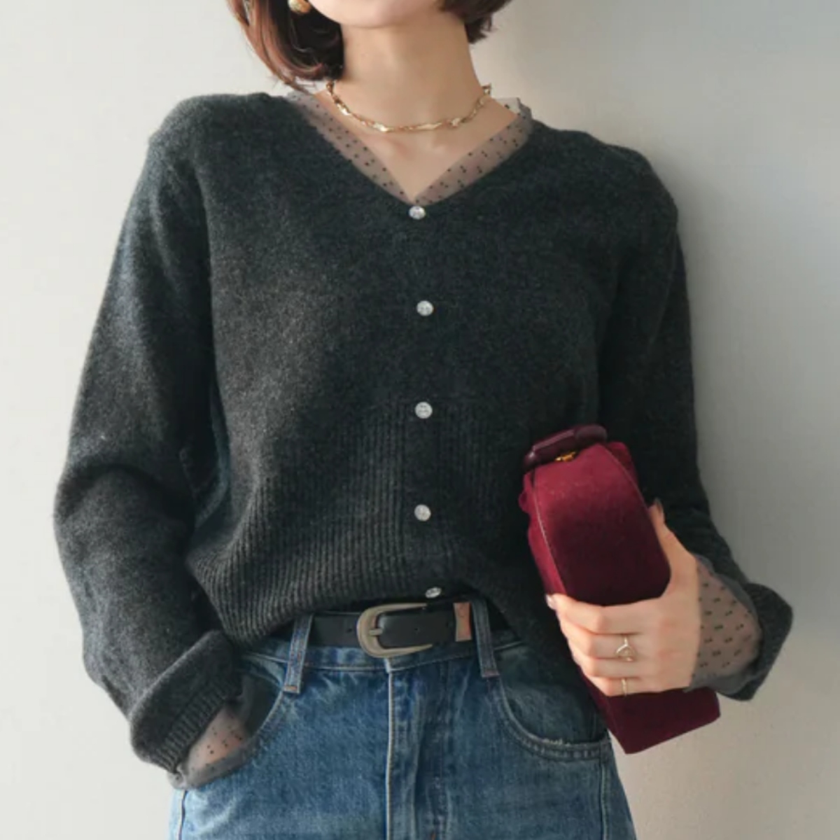 骨格ウェーブ ドットチュール 重ね着風ボタンニット