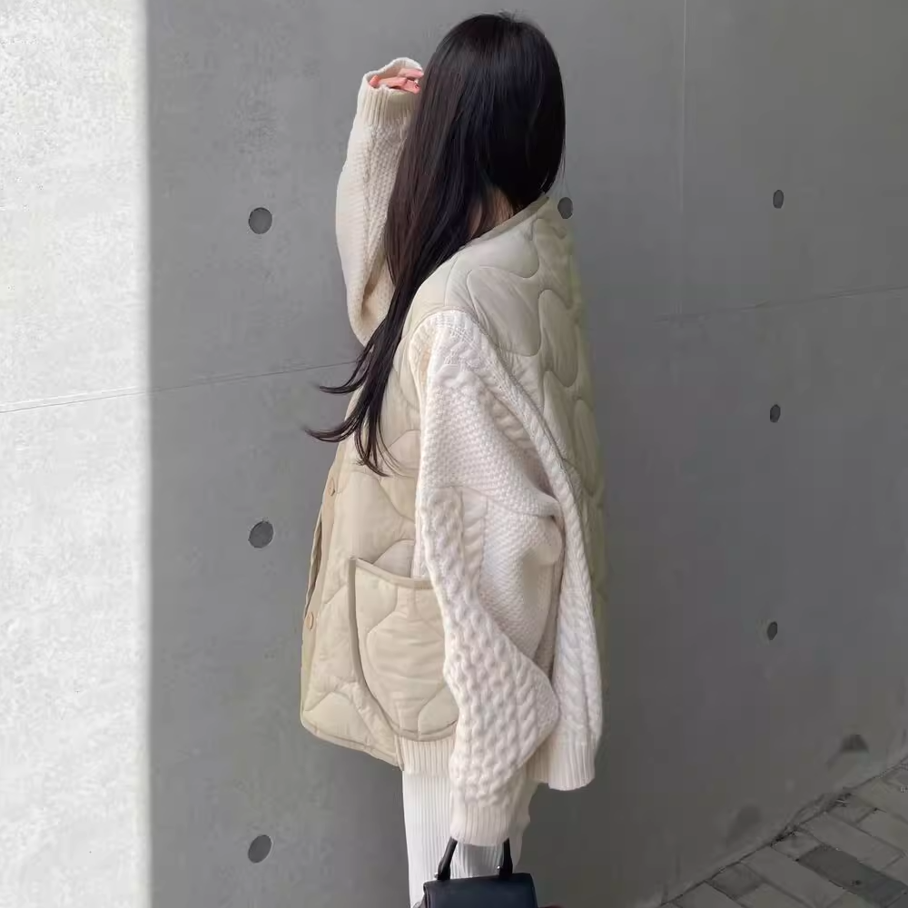 骨格ウェーブ ニットキルティングジャケット 配色切替 Vネック おしゃれ ゆったり