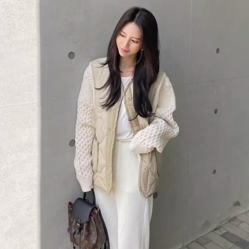 骨格ウェーブ ニットキルティングジャケット 配色切替 Vネック おしゃれ ゆったり