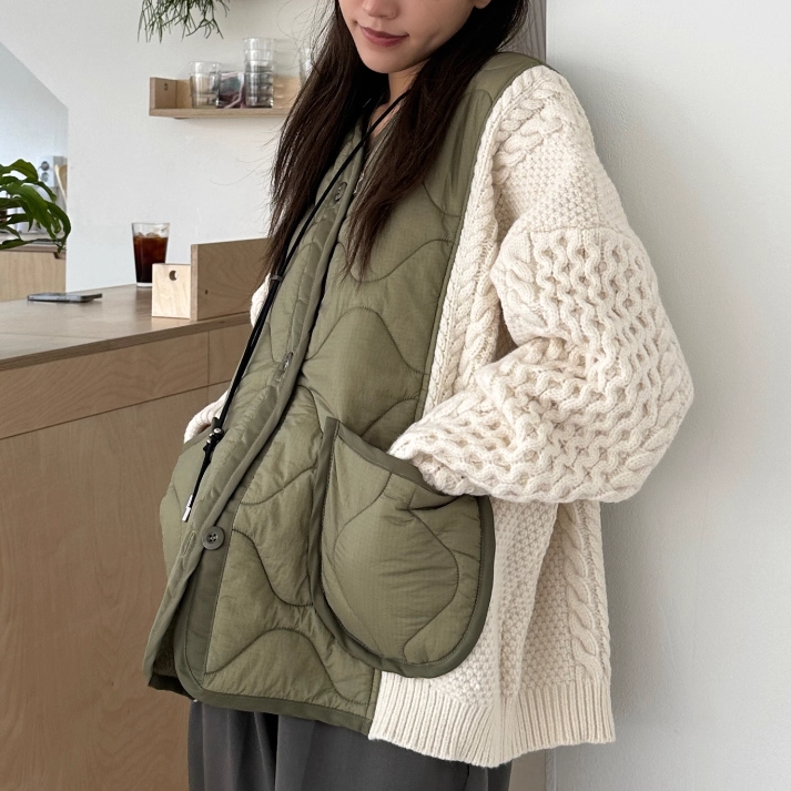 骨格ウェーブ ニットキルティングジャケット 配色切替 Vネック おしゃれ ゆったり