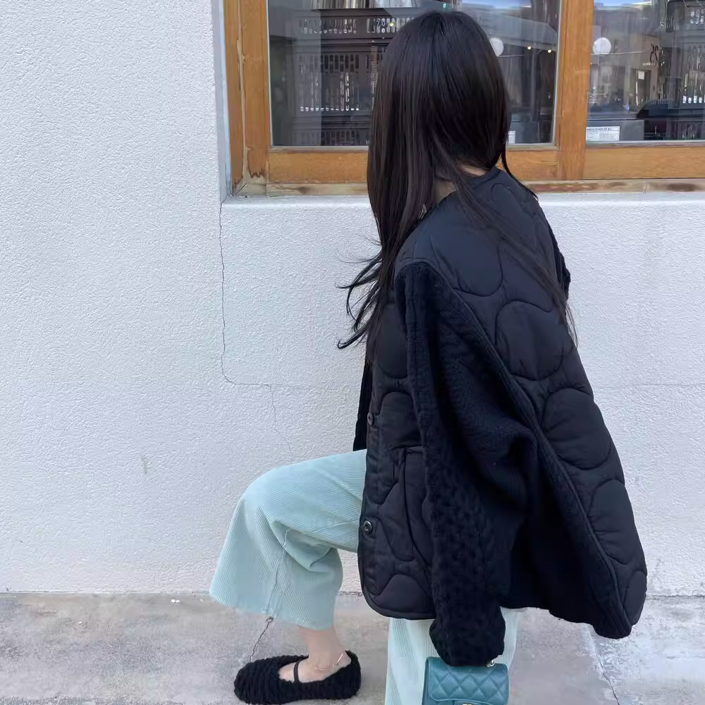 骨格ウェーブ ニットキルティングジャケット 配色切替 Vネック おしゃれ ゆったり