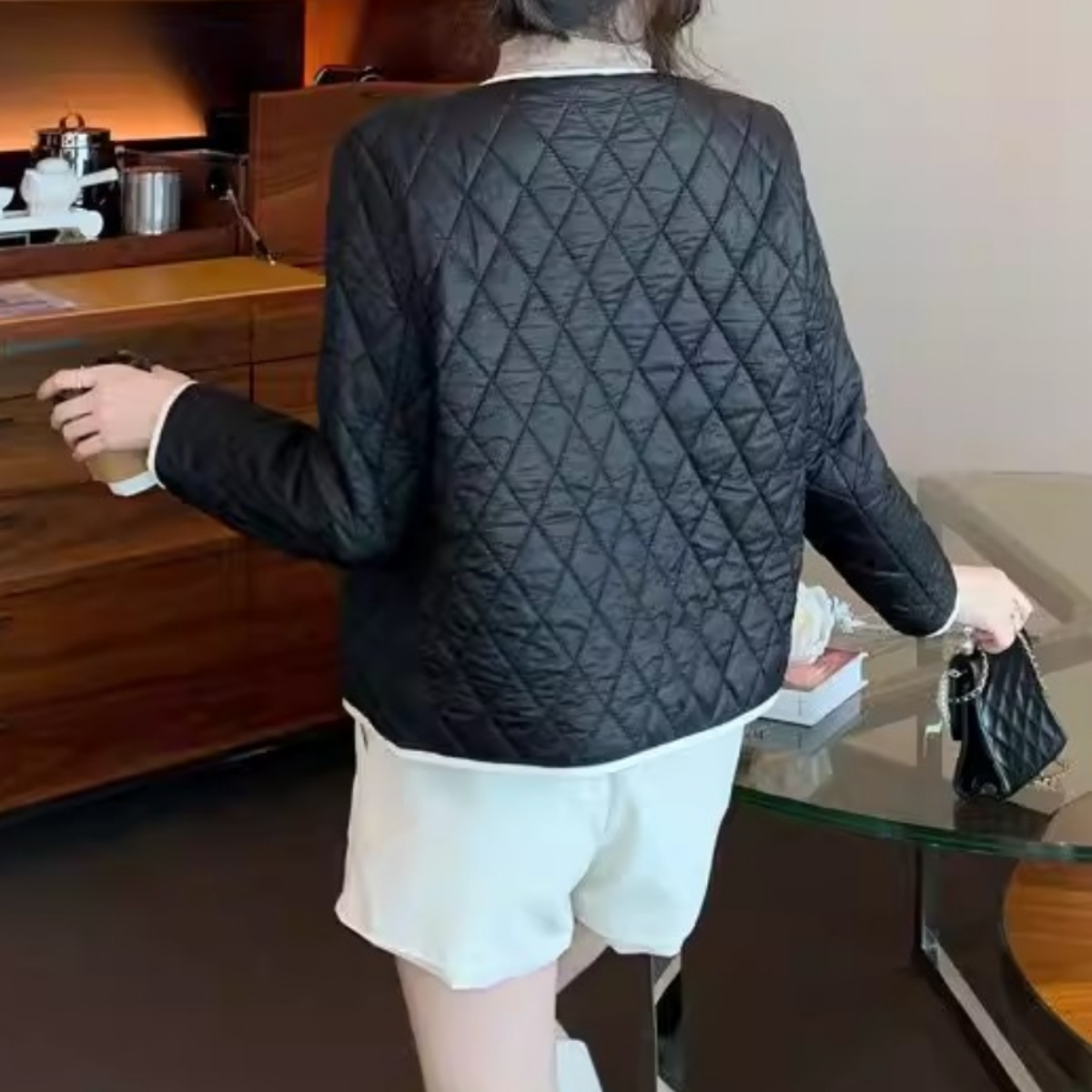 骨格ウェーブ ノーカラーキルティングジャケット アンティーク調ボタン