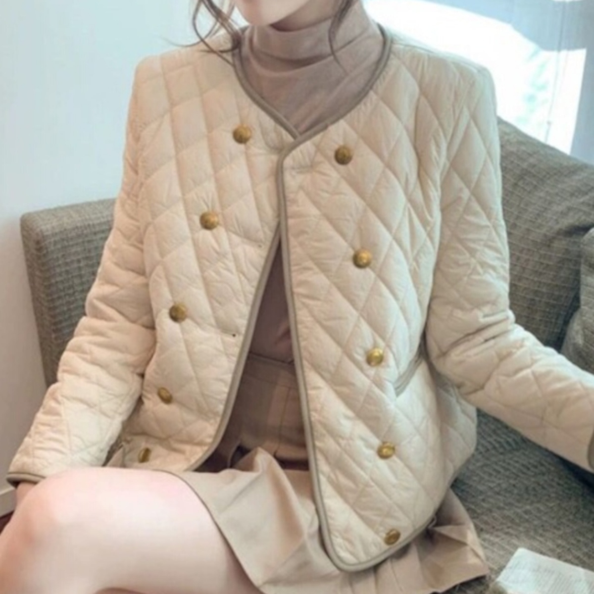 骨格ウェーブ ノーカラーキルティングジャケット アンティーク調ボタン