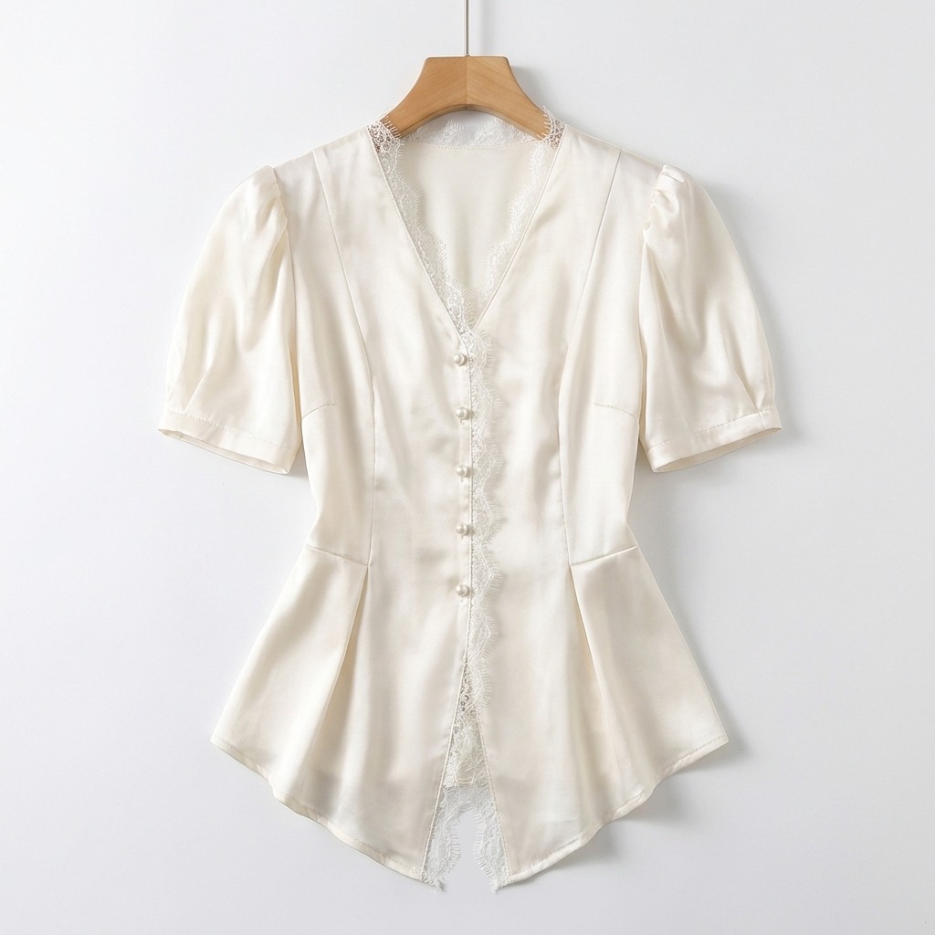 骨格ウェーブ 美くびれペプラム サテンレースブラウス