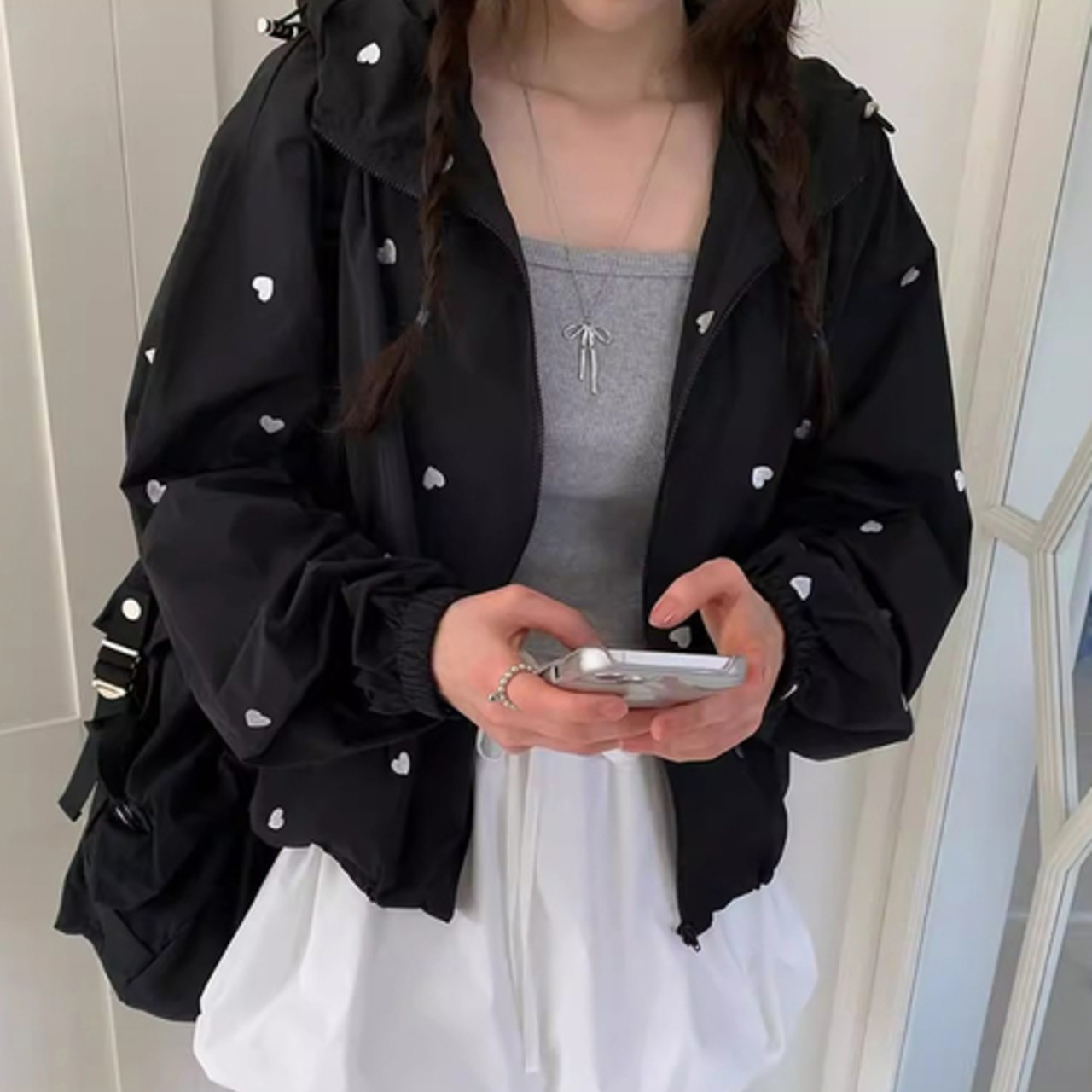 骨格ウェーブ ハート刺繍 カジュアル ウィンドブレーカー ジャケット