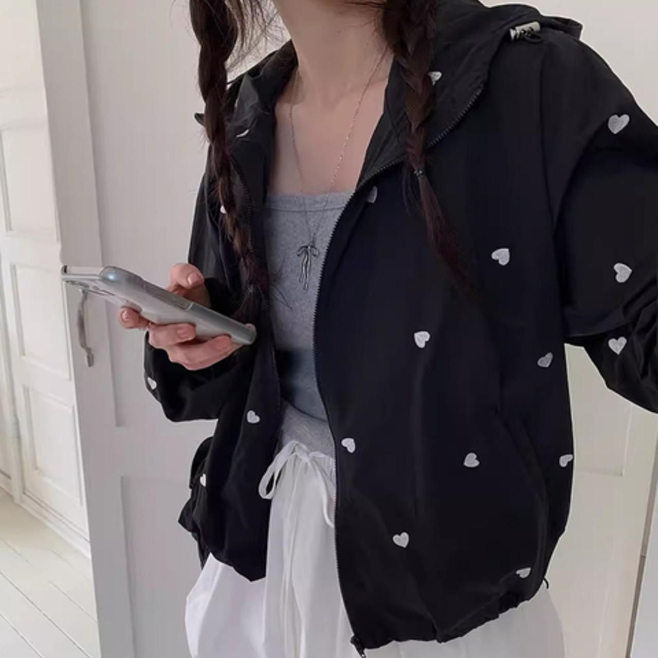 骨格ウェーブ ハート刺繍 カジュアル ウィンドブレーカー ジャケット