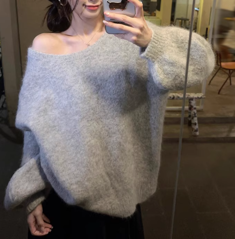 骨格ウェーブ リボン×オープンバック グレーニット 秋冬 長袖 ゆるシルエット