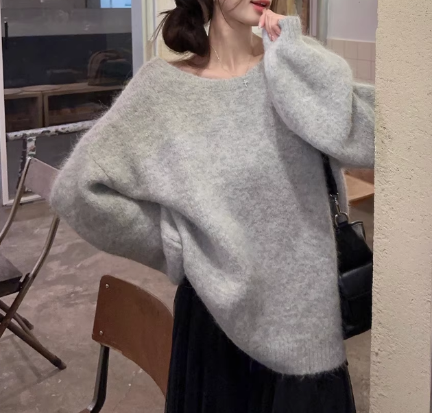 骨格ウェーブ リボン×オープンバック グレーニット 秋冬 長袖 ゆるシルエット