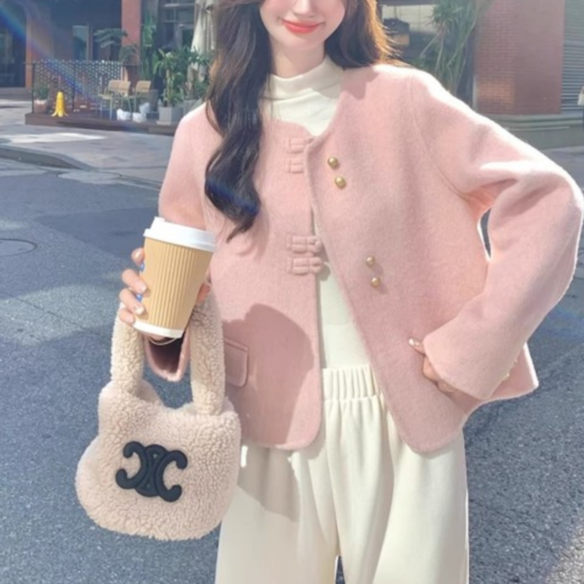 骨格ウェーブ パウダーピンク ノーカラーコート ショート丈