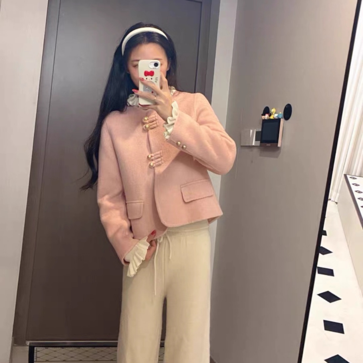 骨格ウェーブ パウダーピンク ノーカラーコート ショート丈