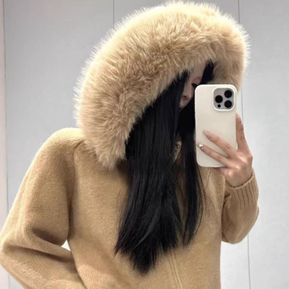 骨格ウェーブ 大人カジュアル  ビッグファー フード付きニットカーディガン