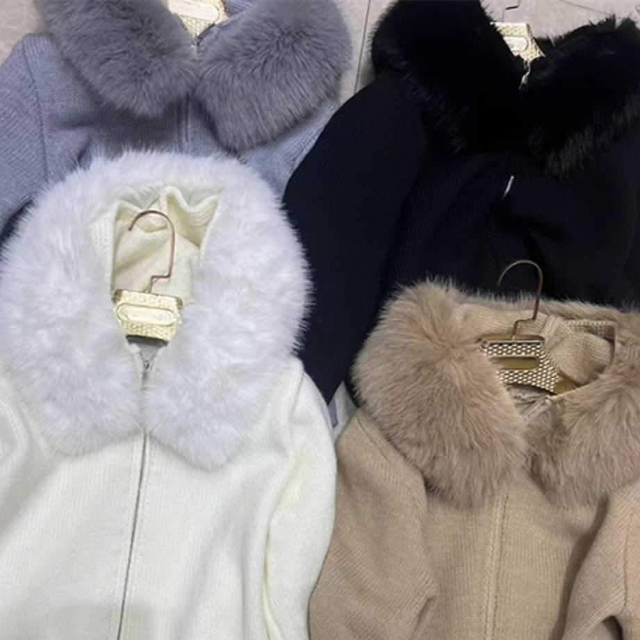 骨格ウェーブ 大人カジュアル  ビッグファー フード付きニットカーディガン