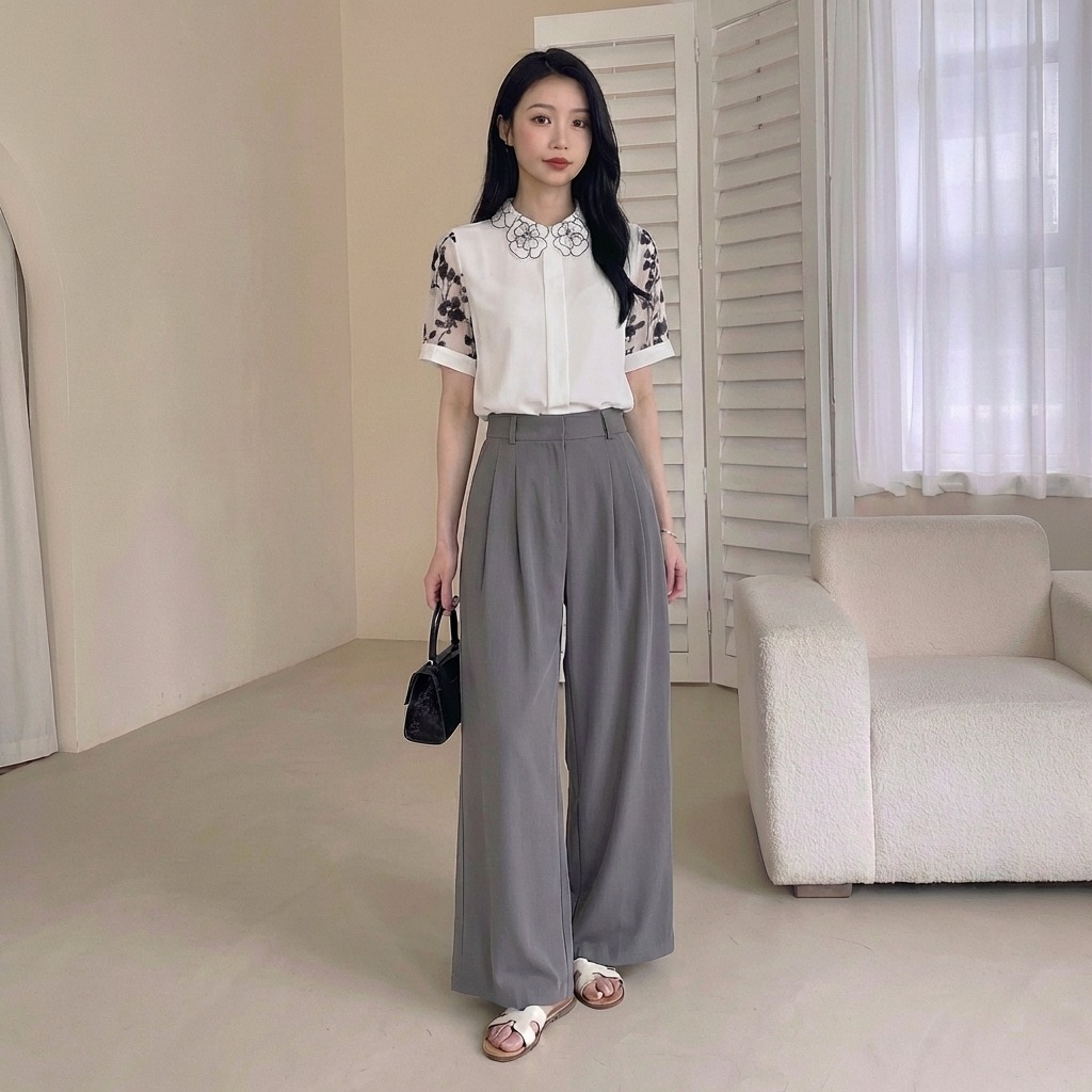 骨格ウェーブ 刺繍襟で華やぐ フラワーデザインブラウス（半袖・長袖 選べる2タイプ）