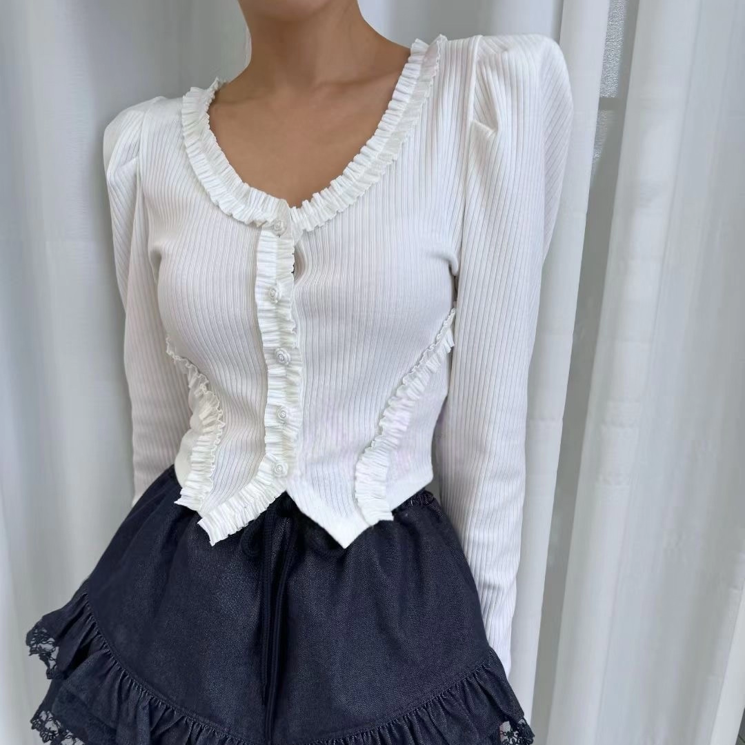 骨格ウェーブ フリルデザイン スリムフィット 長袖Tシャツ