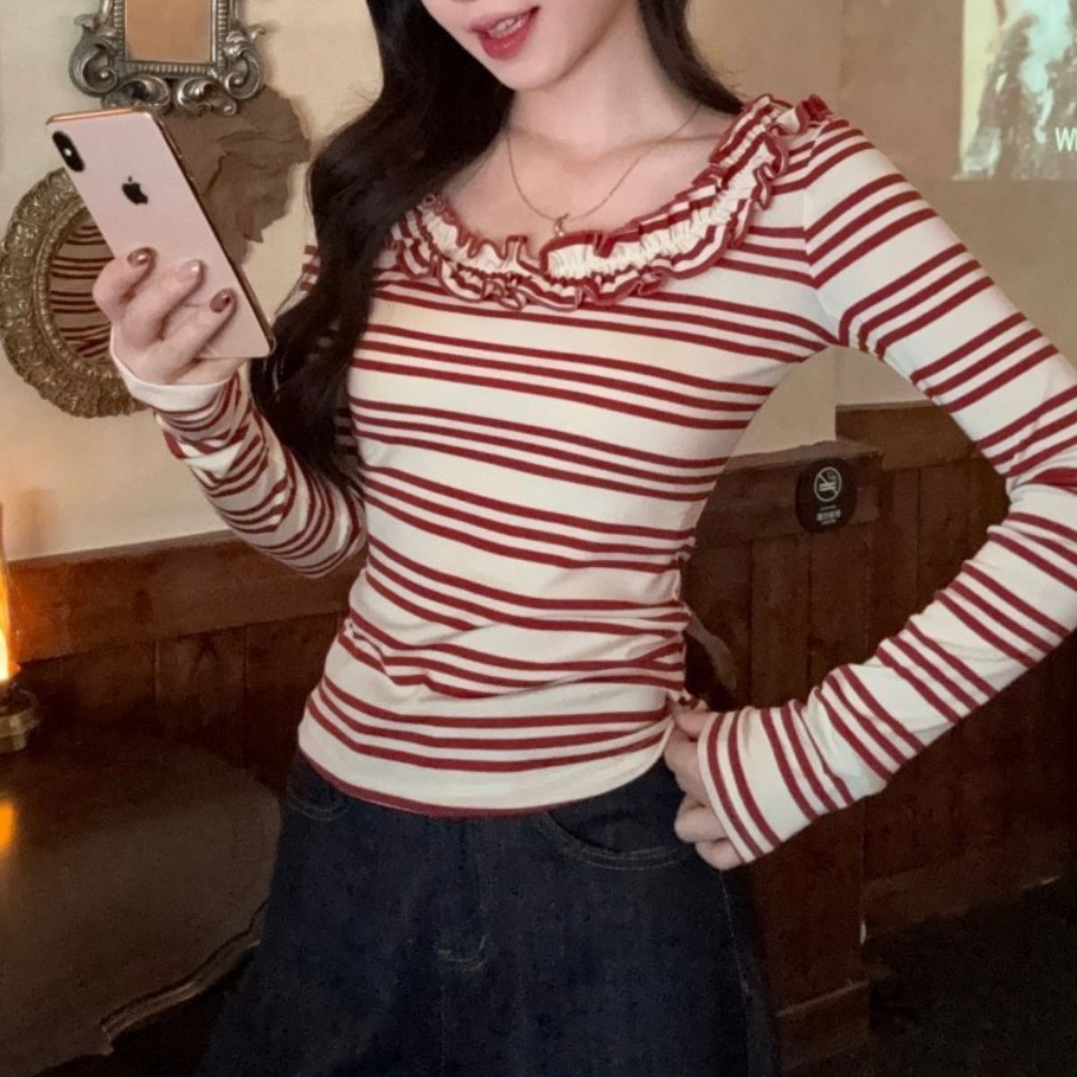 骨格ウェーブ デコルテ華奢見え フリルオフショル ボーダートップス