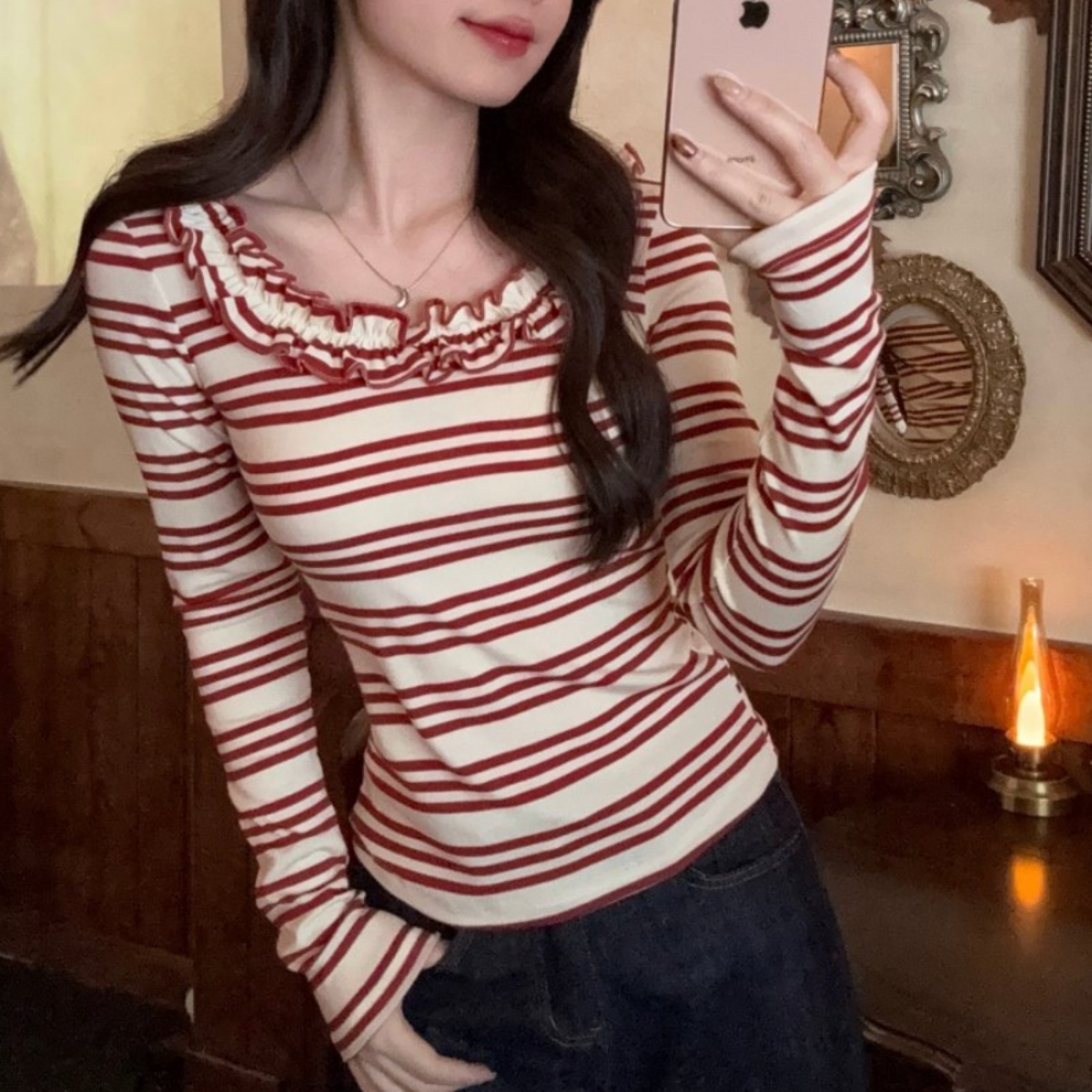 骨格ウェーブ デコルテ華奢見え フリルオフショル ボーダートップス