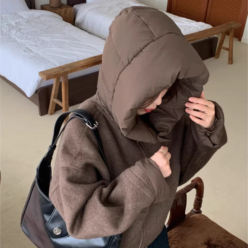 骨格ウェーブ メルトン調ショートジャケット 取り外しフード ゆったり カジュアル