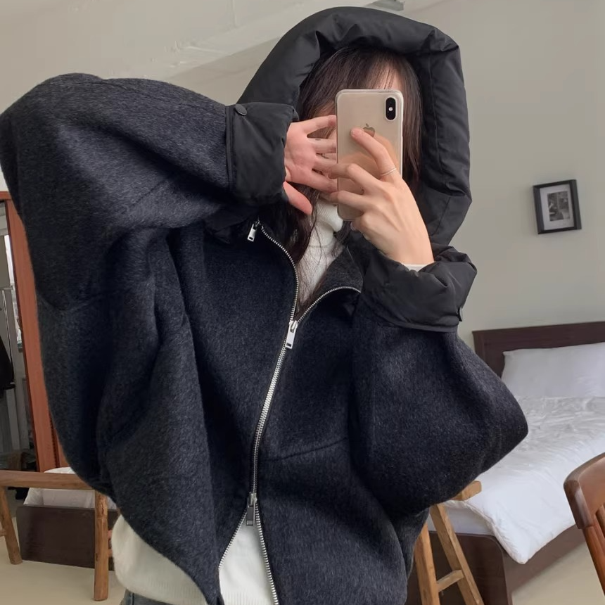 骨格ウェーブ メルトン調ショートジャケット 取り外しフード ゆったり カジュアル