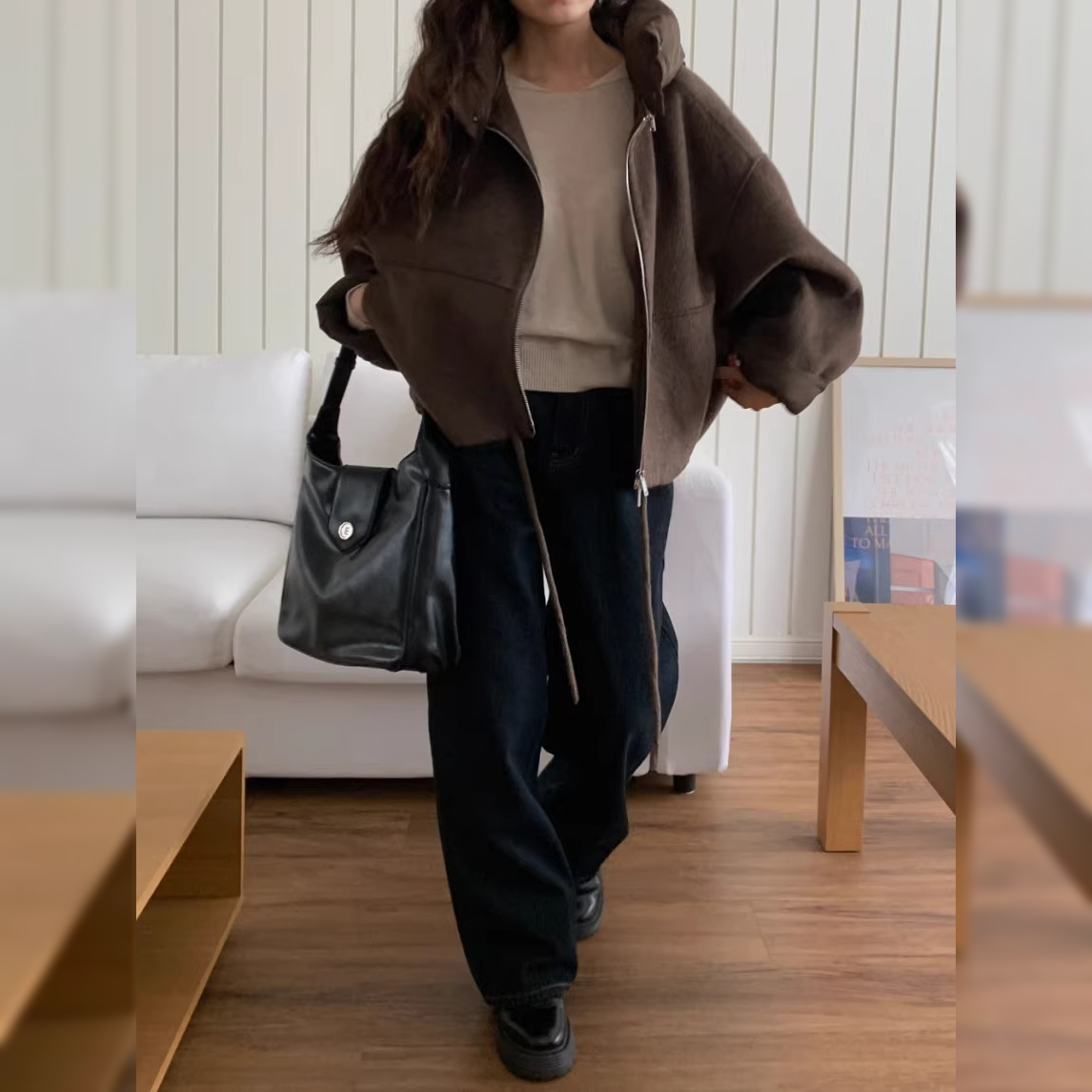 骨格ウェーブ メルトン調ショートジャケット 取り外しフード ゆったり カジュアル