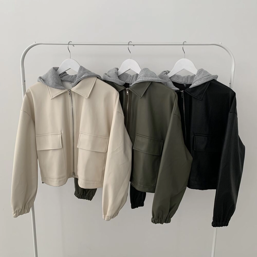 骨格ウェーブ ショート丈 フェイクレザー ジャケット フード付き ビッグポケット ゆったり