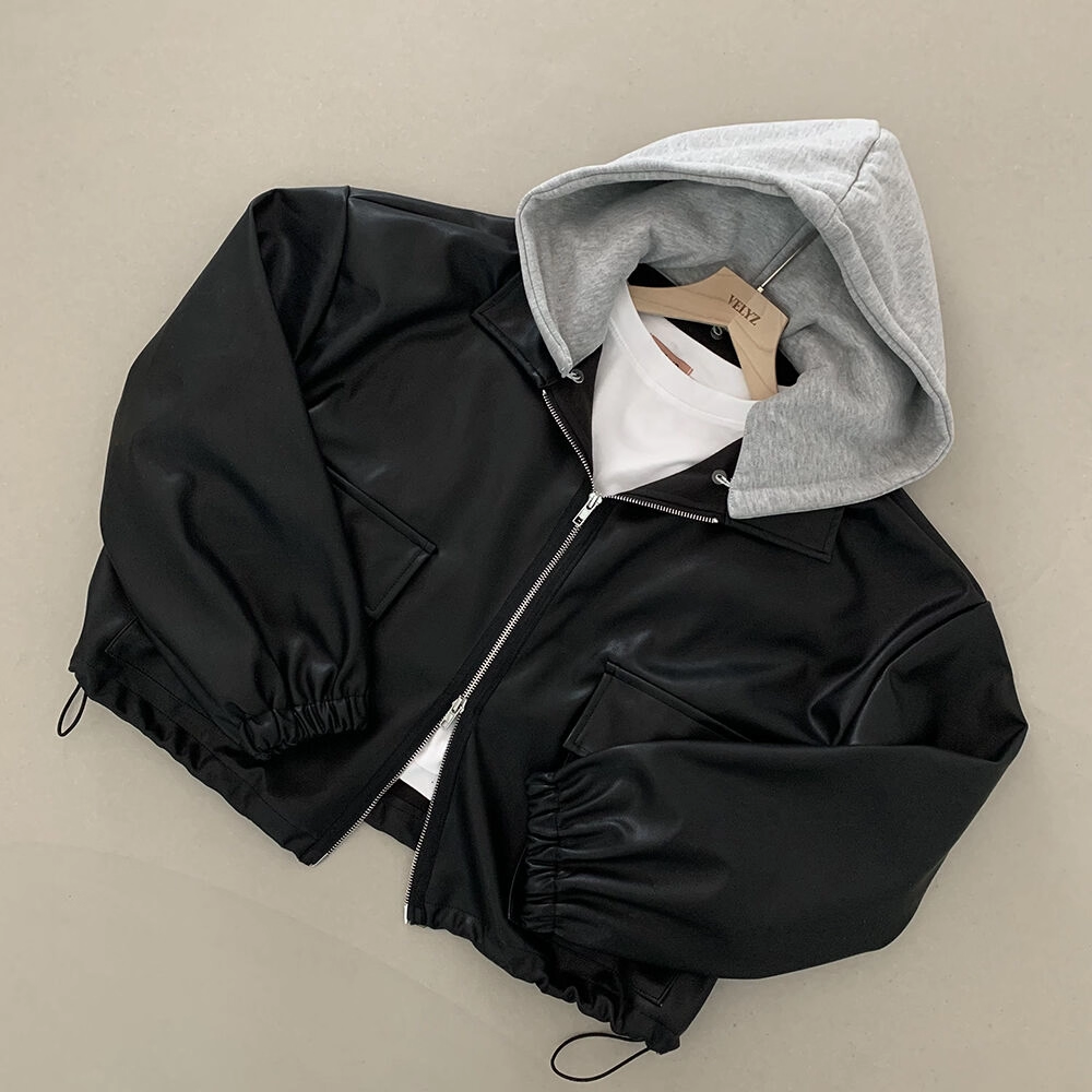 骨格ウェーブ ショート丈 フェイクレザー ジャケット フード付き ビッグポケット ゆったり